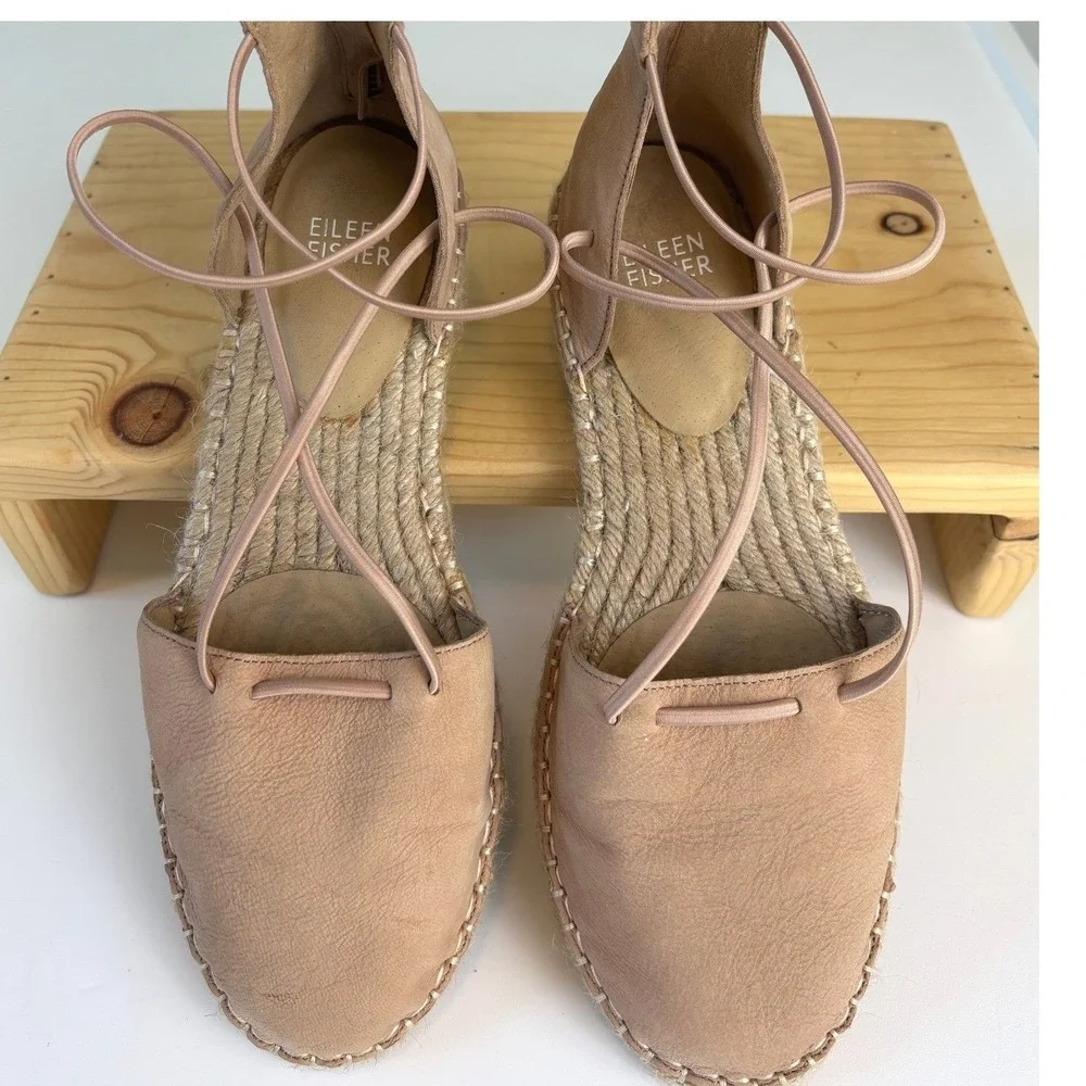 Eileen Fisher Blush Leather Lace Up Espadrille Flats Women's 7.5 Minimalist Luxe